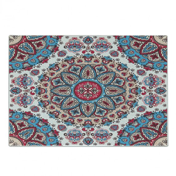 Ethnic Cutting Board, Oriental Style Floral Circles Paisley Retro Image in Pastel Colors, Decorative Tempered Glass Cutting and Serving Board, Small Size, Turquoise Pale Pink, by Ambesonne