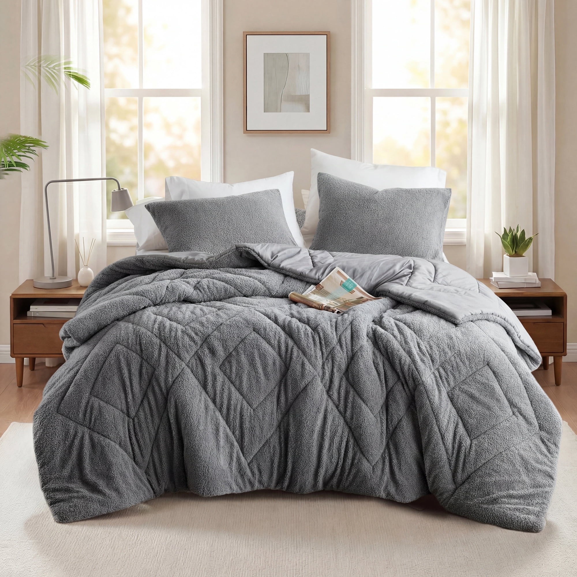 Regency Heights Twin/Twin XL Quilted Plush Comforter Set, 2-Piece Reversible Feather-Soft Dorm Bedding Sets, Textured Sherpa Comforter Bed Set for All Season, Gray