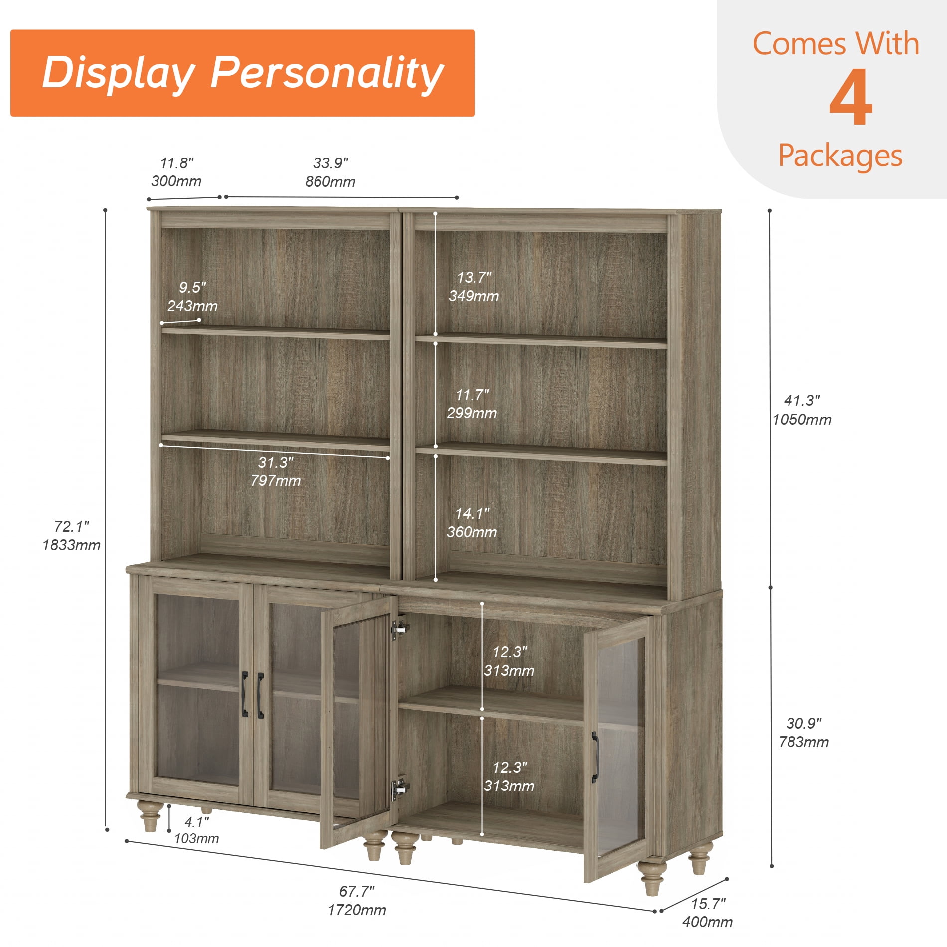 Farmhouse 5 Tier Bookcase With 4 Glass Doors, Wash Gray, 67.7" W