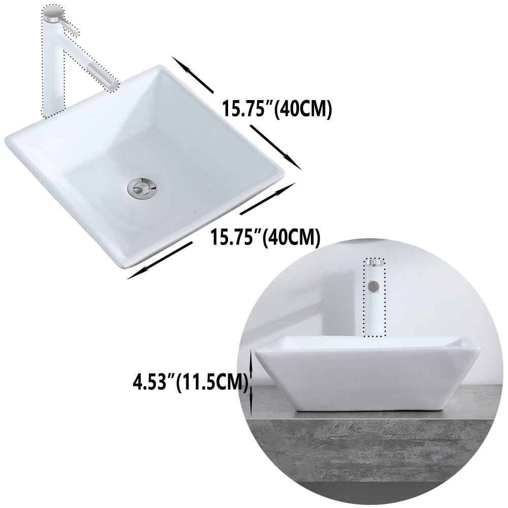 Kepooman 16" x 16" Vessel Sink, Modern Bathroom Ceramic Vessel Vanity Sink, Rectangle Above Counter Countertop Porcelain Vanity Sink with Pop Up Drain Stopper