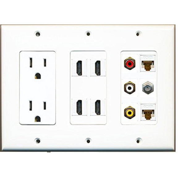 RiteAV Power 4 HDMI 3-RCA Composite Cat6 Ethernet Coax TV Wall Plate - White
