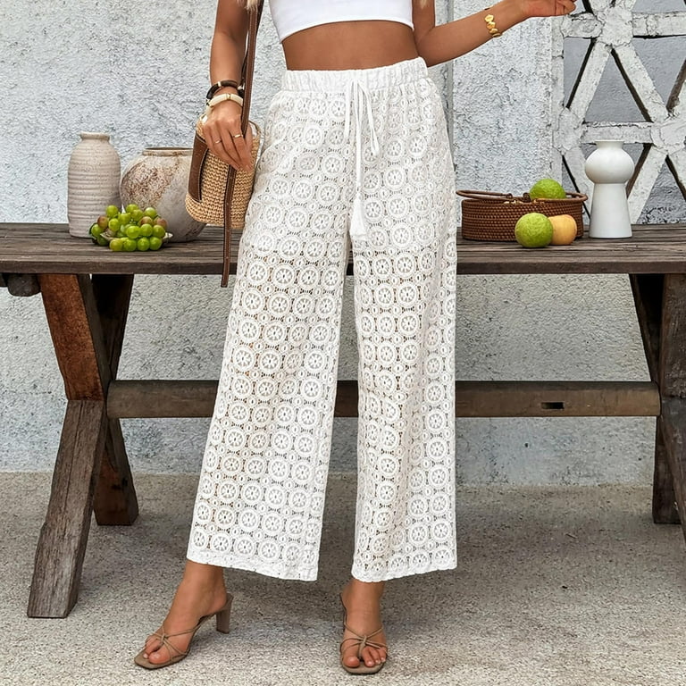 Ladies' White Lace Pants Hollow out Crochet Knit Swimsuit