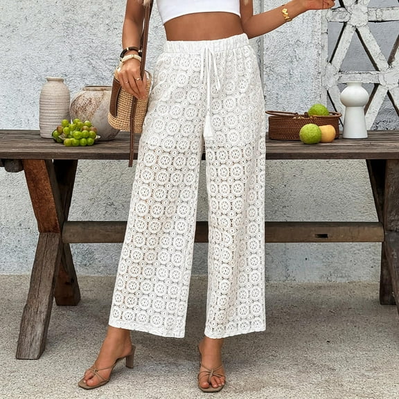 Byworldtasic Womens Trousers No Boundarie Women Crochet Beach Cover Up Pants Sheer Wide Leg Drawstring Summer Swimsuit Coverup Long Pants