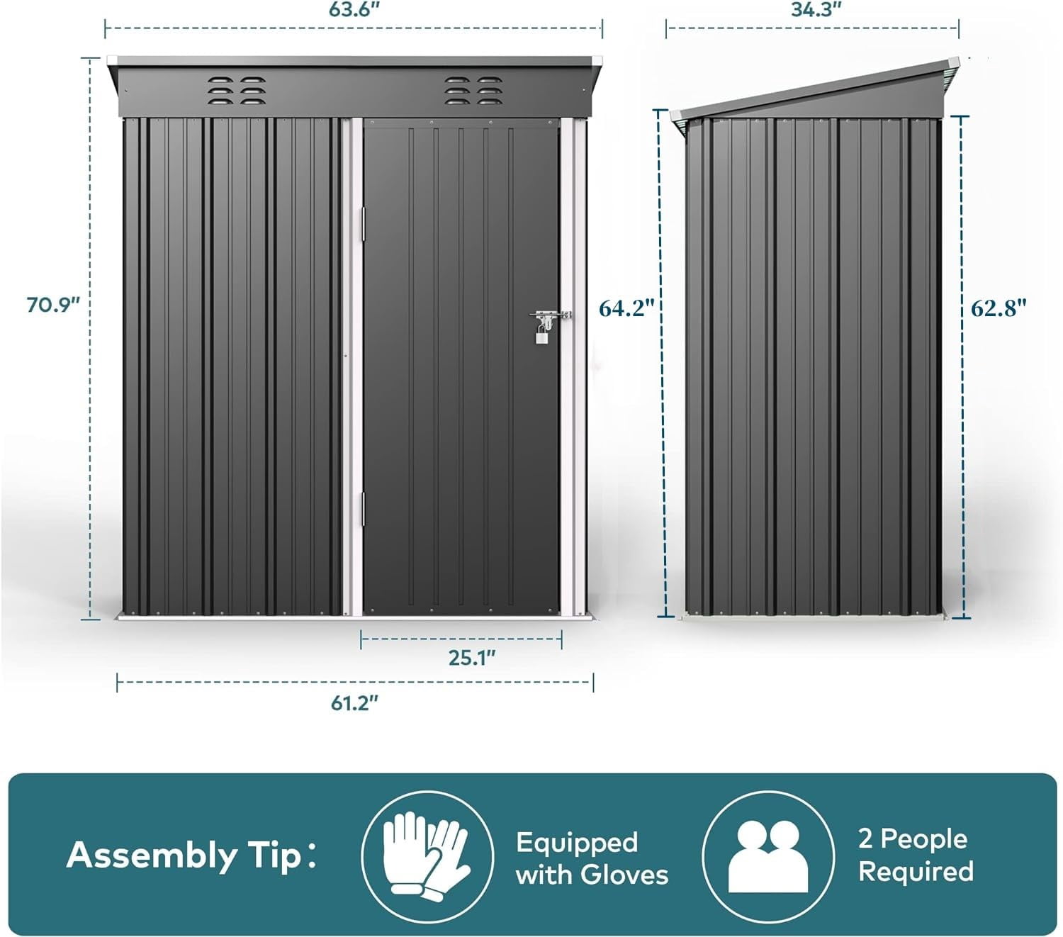 5x3 ft Outdoor Storage Shed, Metal Garden Tool Shed with Lockable Doors, for Outsides,Yard, Backyard Patio, Lawn - Dark Gray