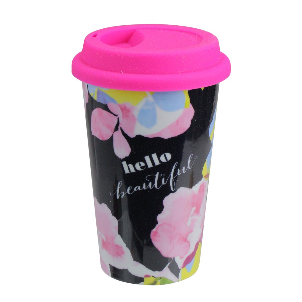 6" Double Insulated "Hello Beautiful" Ceramic Travel Mug with Pink