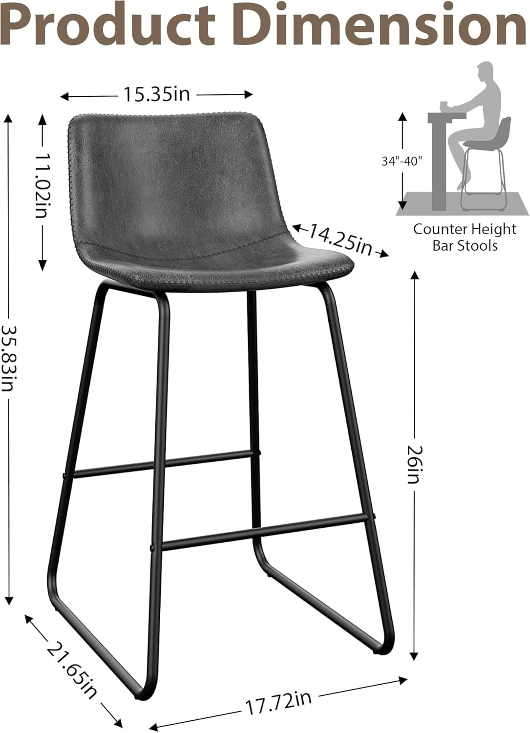 LainTene 26" Bar Stools Set of 2 – Faux Leather Counter Height Stools with Backrest & Footrest, Heavy-Duty Metal Frame for Kitchen, Bar, Living Room, Gray