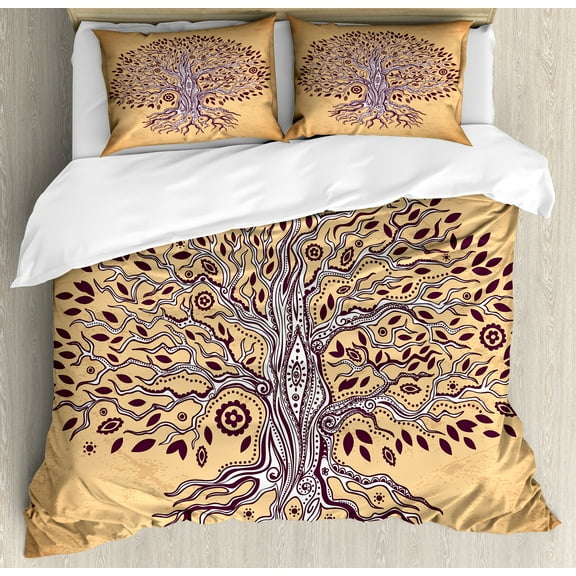 Tree of Life Duvet Cover Set, Vintage Inspired Modern Graphic of an Aged Plant Swirling Branches Print, Decorative 3 Piece Bedding Set with 2 Pillow Shams, Calking Size, Cream Brown, by Ambesonne