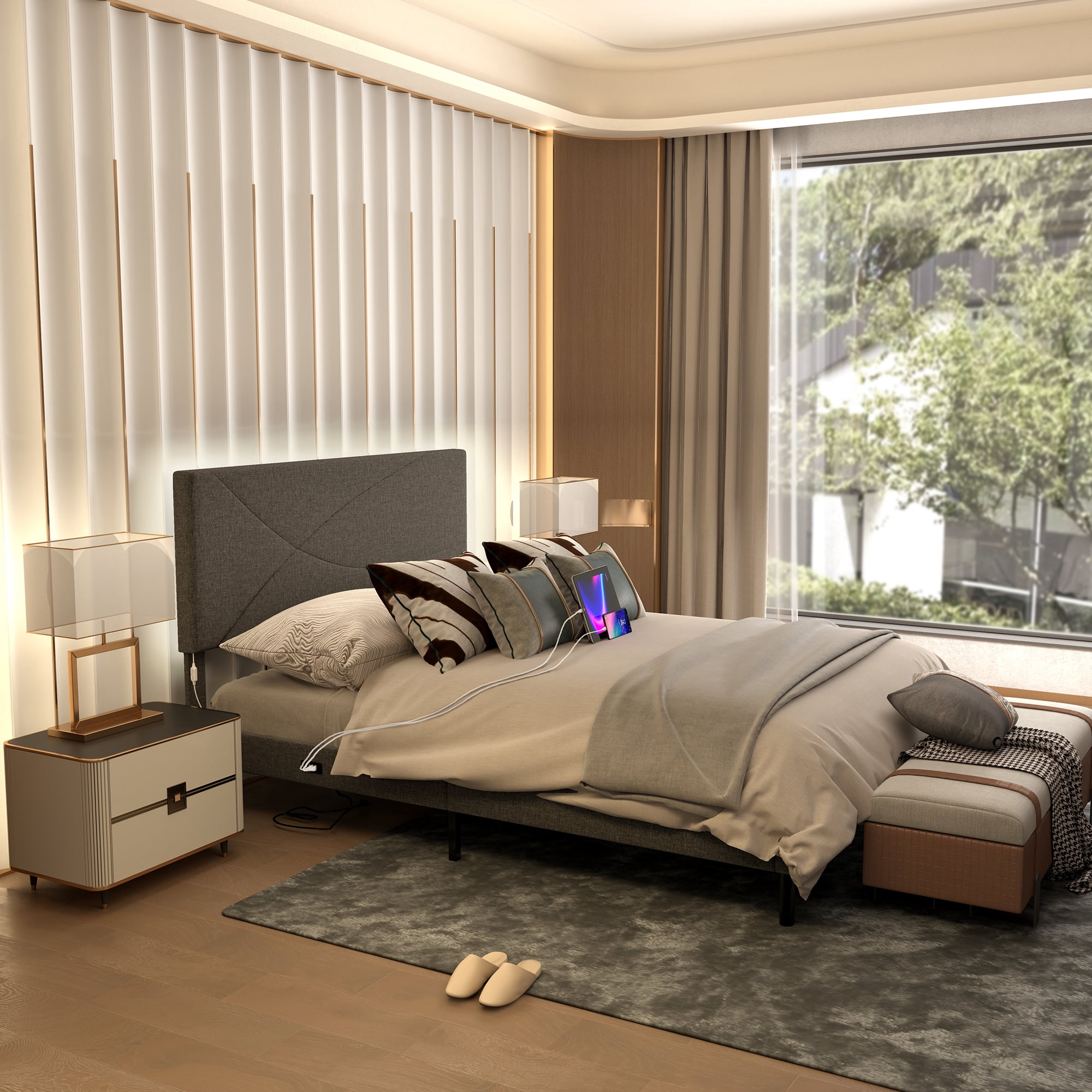 Homy Casa Queen LED Lights and USB Charging Station Upholstered Platform Bed, Gray Fabric
