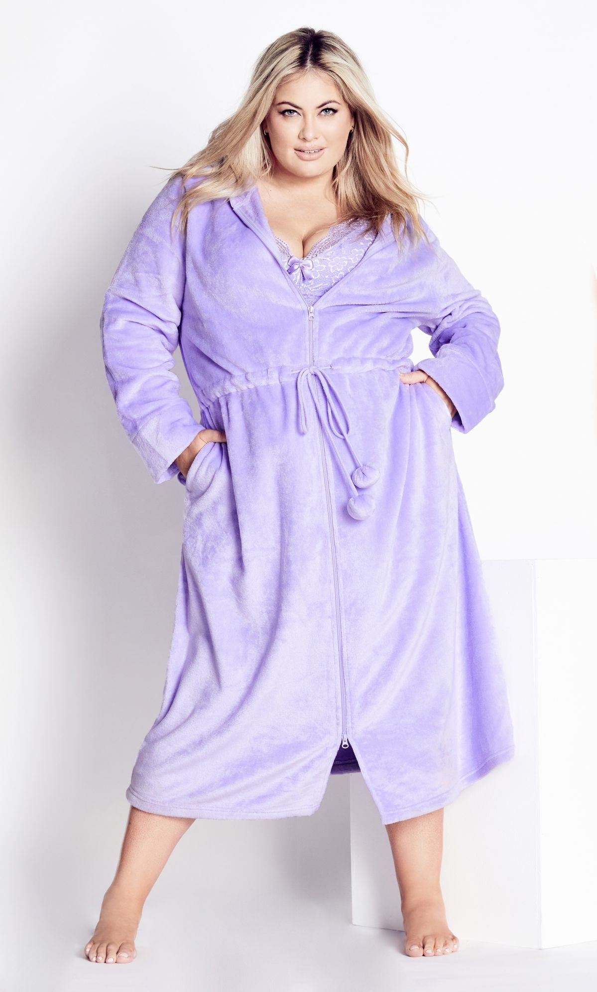 Avenue Women's Plus Size Zip Front Long Sleeves Hooded Plain Robe