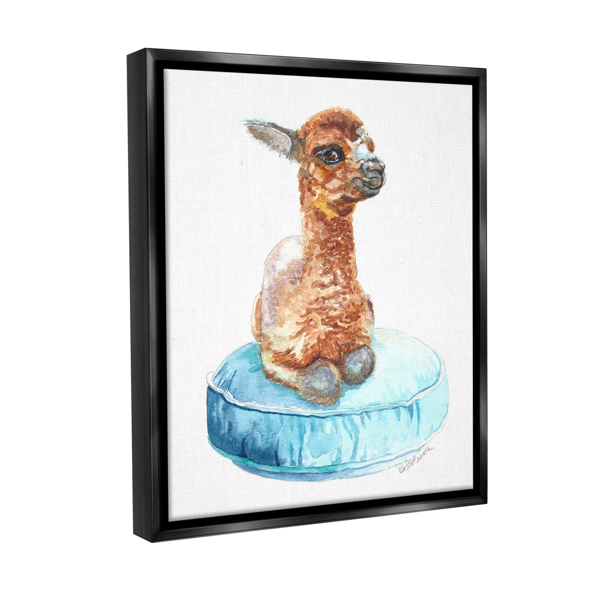 Stupell Industries Baby Goat on Pillow Animals & Insects Painting Black Floater Framed Canvas Art Print Wall Art, 25 x 31