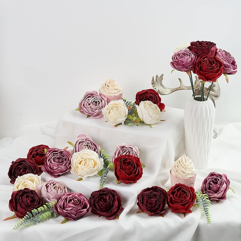 Burgundy Flowers Artificial Roses Heads Fake Roses Combo Purple Artificial Flowers Vingtage Dried Flowers Silk Roses Heads Bulk for Decoration Bridal Bouquets for Wedding (Mixed Color)