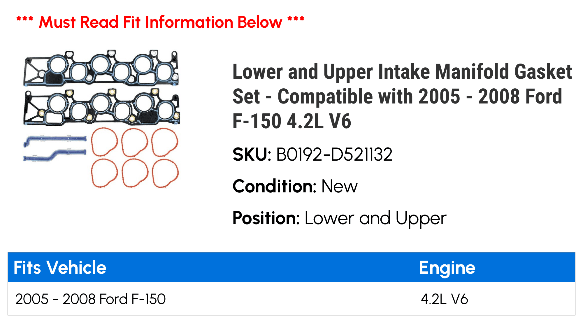 Lower and Upper Intake Manifold Gasket Set - Compatible with 2005 - 2008 Ford F-150 4.2L V6 2006 2007