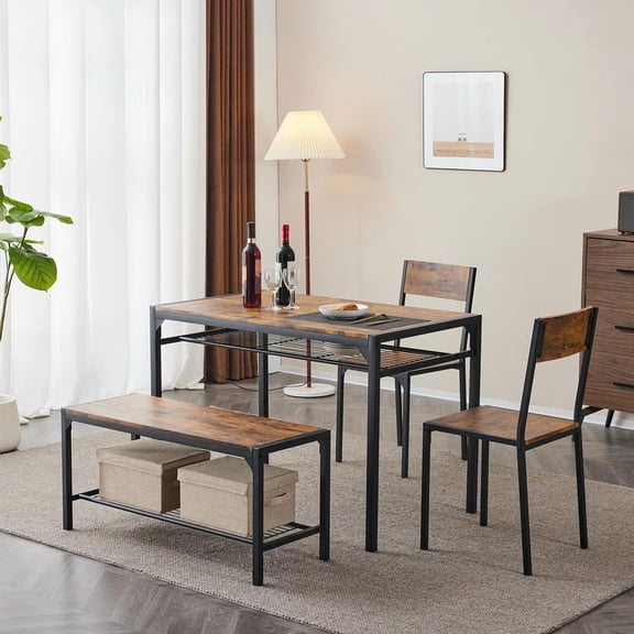 GVN 4-Piece Dining Table Set for Small Space, Kitchen Table with 2 Chairs and Bench, Home Pub Apartment Dining Furniture Set, Rustic Brown