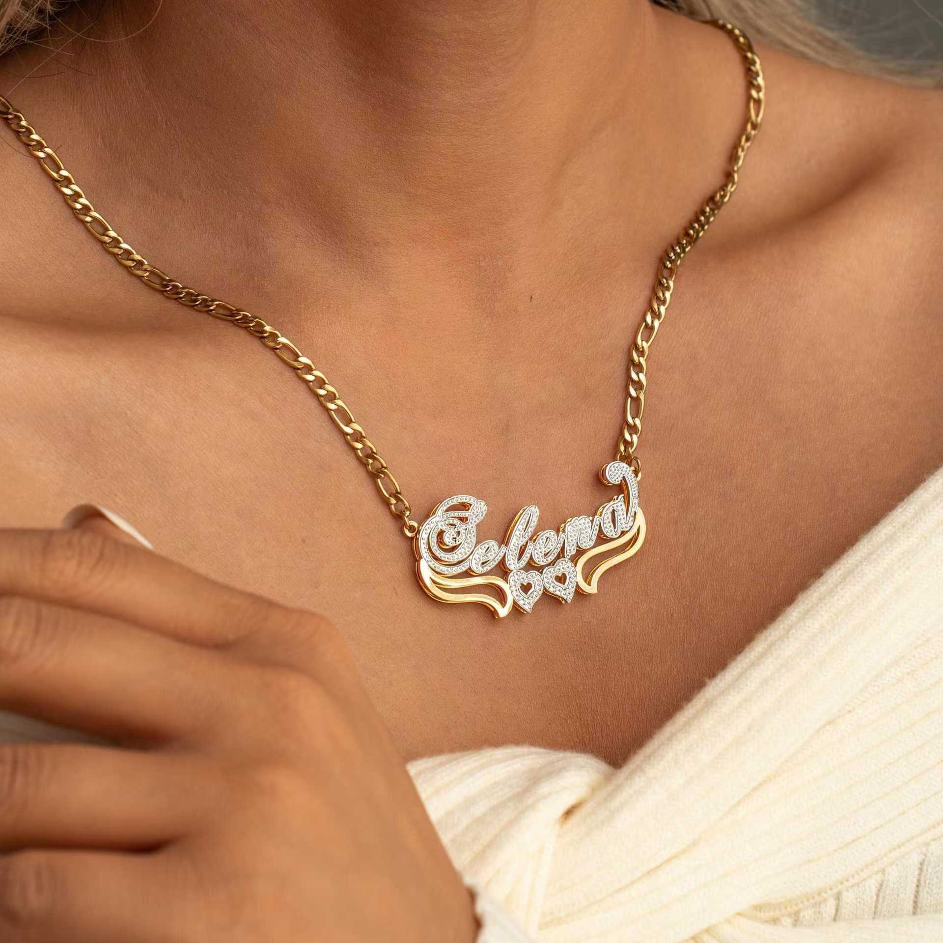 Customized 3D Double‑Name Double‑Layer Nameplate Choker 14K Gold Filled Pendant Necklace for Men Women, Sentimental Keepsake Fashion Jewelry