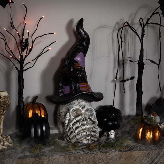 Northlight Skull in Witch Hat with Cat Halloween Decoration - 22.75"
