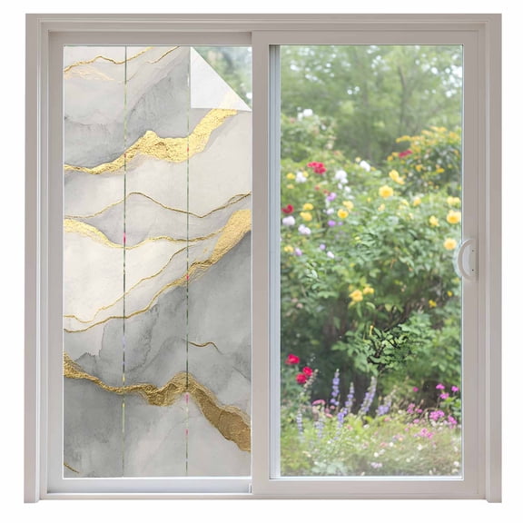 Marble Grey Window Privacy Film, Modern Gold Luxury Neutral Texture Static Cling UV Sun Blocking Heat Control Window Tint Day and Night, Non-Adhesive One Way Windows Privacy Cover 35.4''x78.7''