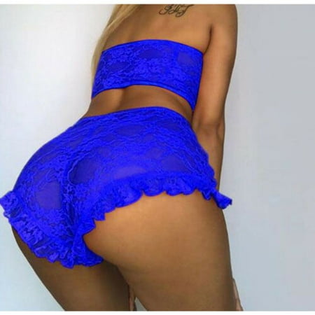 

LSFYSZD Women Sexy 2PCS Lingerie Set Floral Lace Crop Slim See Through Mesh Top High Waist Ruffle Short Pants Sleepwear Set