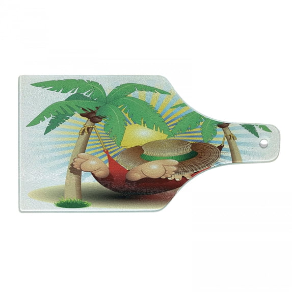 Beach Cutting Board, Illustration Relax Exotic Summer Holidays on Hammock Theme Hot Paradise Lands, Decorative Tempered Glass Cutting and Serving Board, Wine Bottle Shape, Multicolor, by Ambesonne
