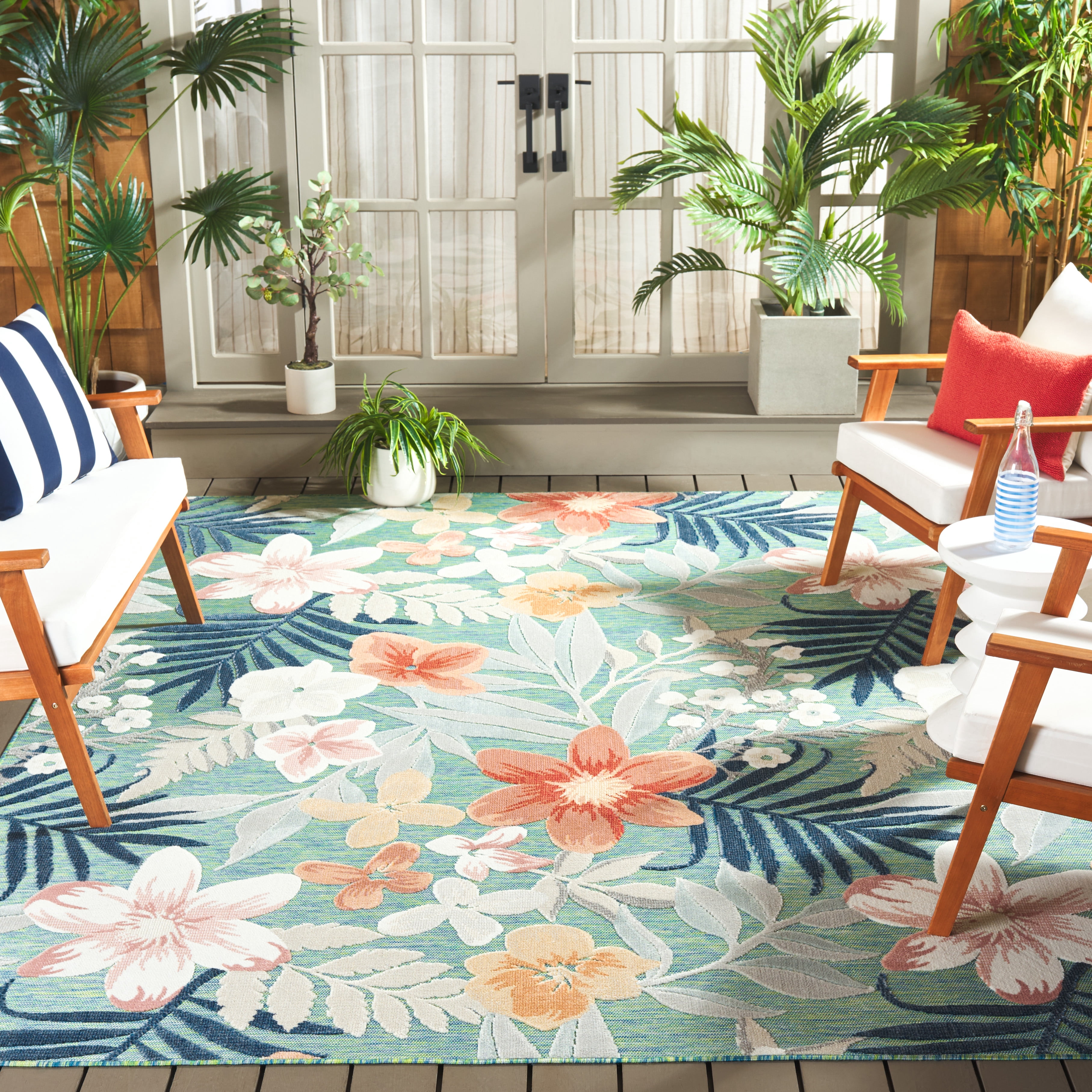SAFAVIEH Cabana Caris Floral Indoor/Outdoor Area Rug, Green/Rust, 10' x 10' Square