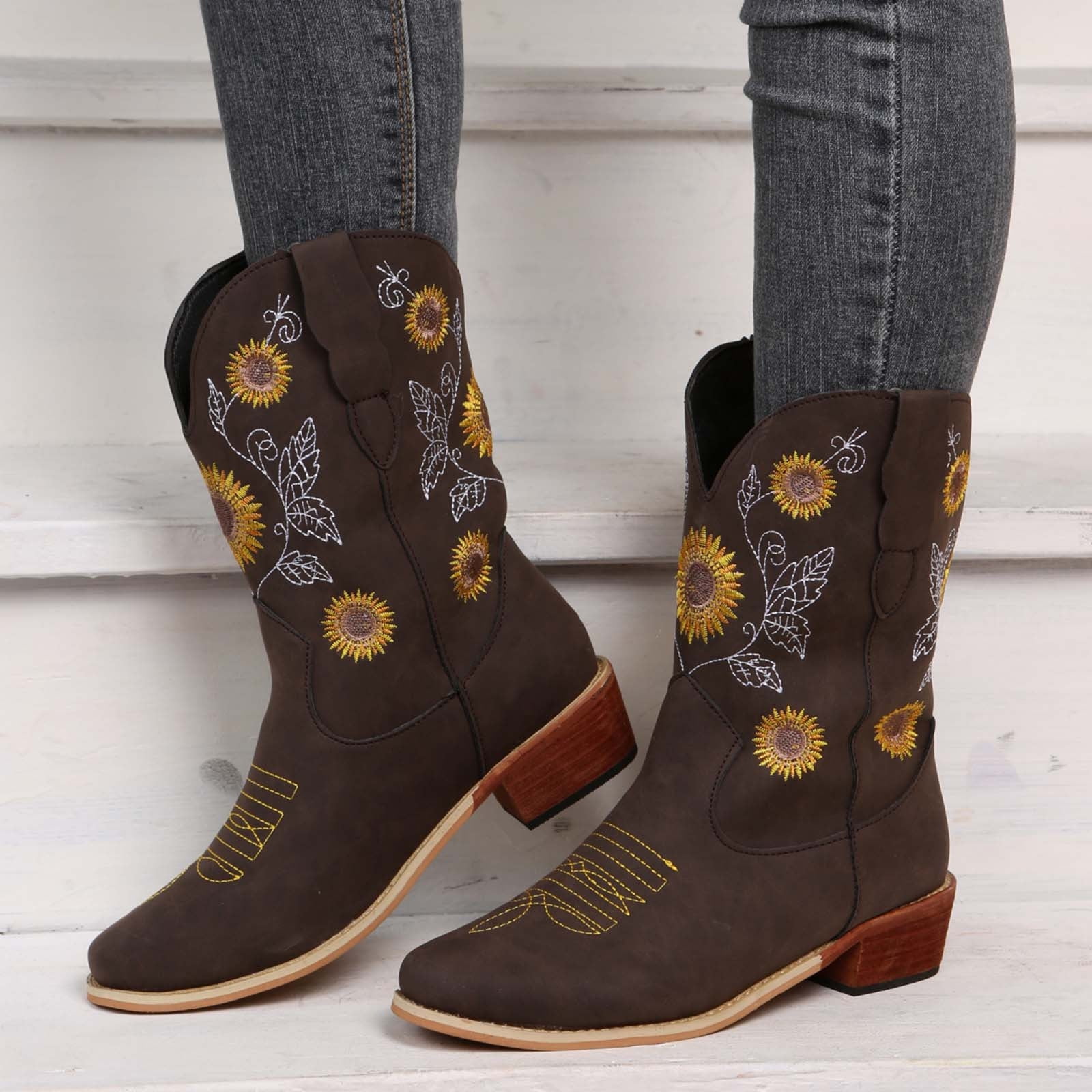 Boots for Women Western Boots Sunflowers Cowboy Boots for Women Mid Calf Chunky Heel Retro Square Toe Pull On Boots 