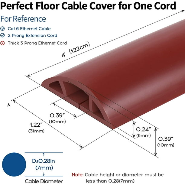 Floor Cable Cover, 4ft, Grey Wire Cover for Floor, Prevent Cable Trips &  Protect Wires, Floor Cord Cover - Cord Cavity - 0.39 (W) x 0.24 (H)