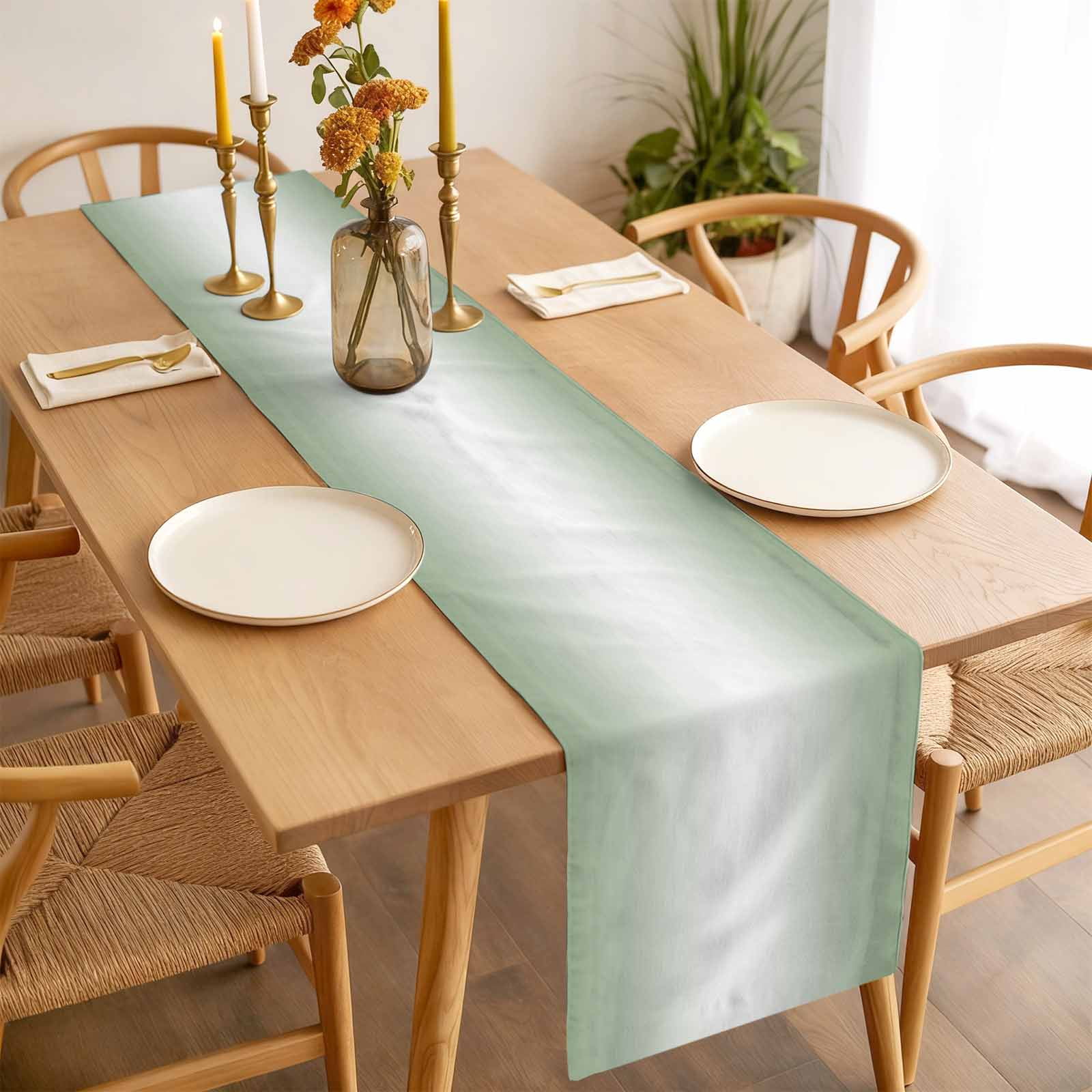 Sage Green Table Runner 13x108 inch and White Gradient Cotton Linen Dining Table Runner Ideal for Dresser Kitchen Coffee Tables - Machine Washable
