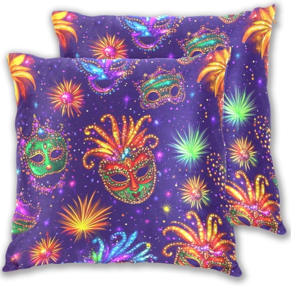 Colorful Mardi Gras Masks Throw Pillow Covers 16x16 Inch 2 Packs Decorative Square for Living Room Couch Bed Sofa