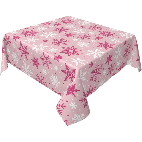 Pink Christmas Square Tablecloth 70x70 Inch Hot Pink White Xmas Snowflake Winter Holiday Theme Decorative Table Cloth Seasonal Rustic Farmhouse for Indoor Party Kitchen Dinner Picnic Decor