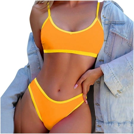 UTSJKR Bandeau Bikini Sets for Women Adjustable Splicing Color High Cut Thong Swimsuit Bottom Sports 2 Piece Sweawear Yellow M