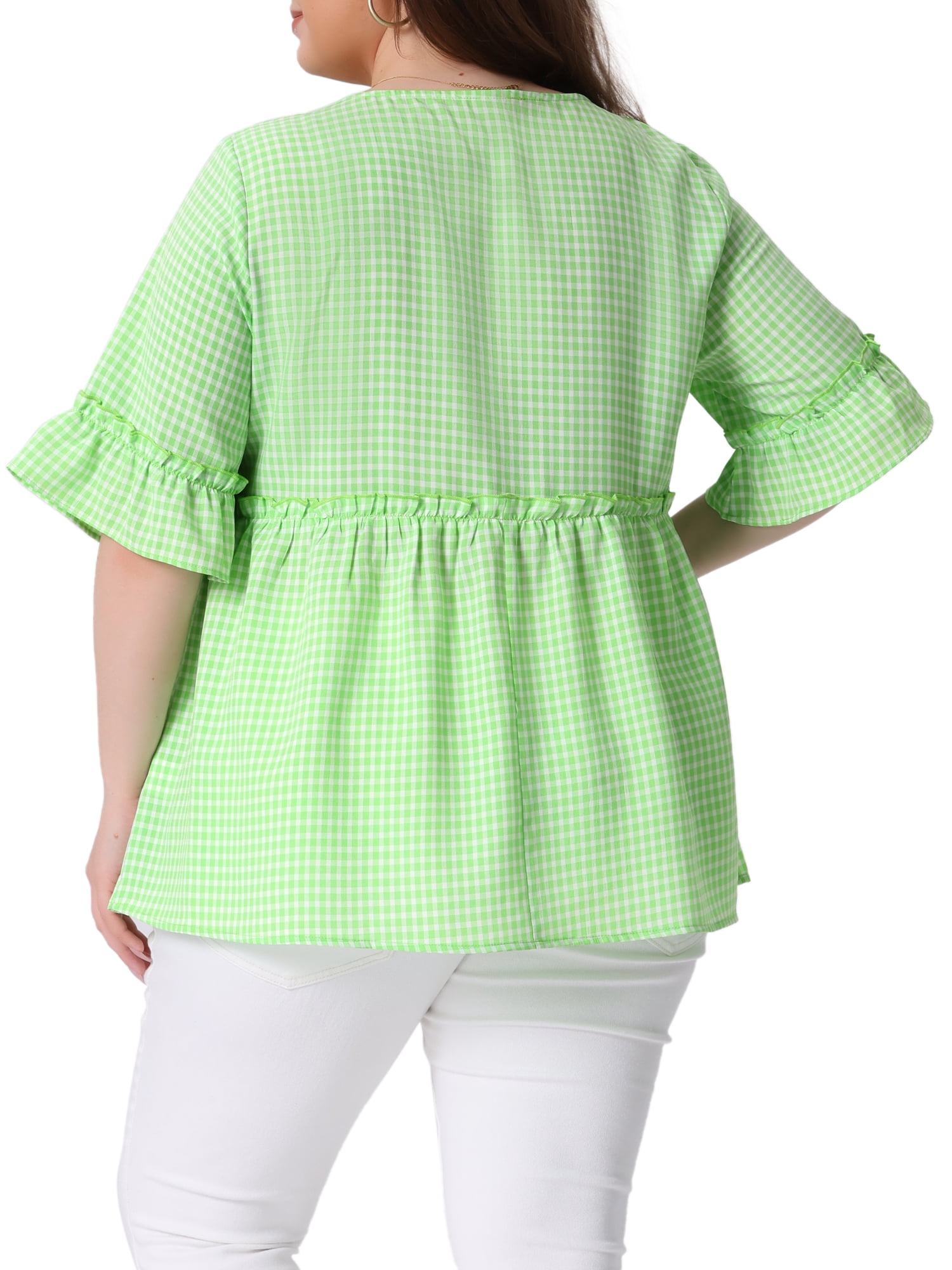 DARING DIVA Women's Plus Size Gingham Sweetheart Neck Ruffle Sleeve Blouse 3X Green