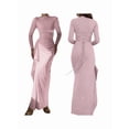 thumbnail image 3 of Women'S Solid Color Long Sleeve Crew Neck Ruched Waist Flowy A Line High Low Midi Irregular Split Dress Pink L, 3 of 7