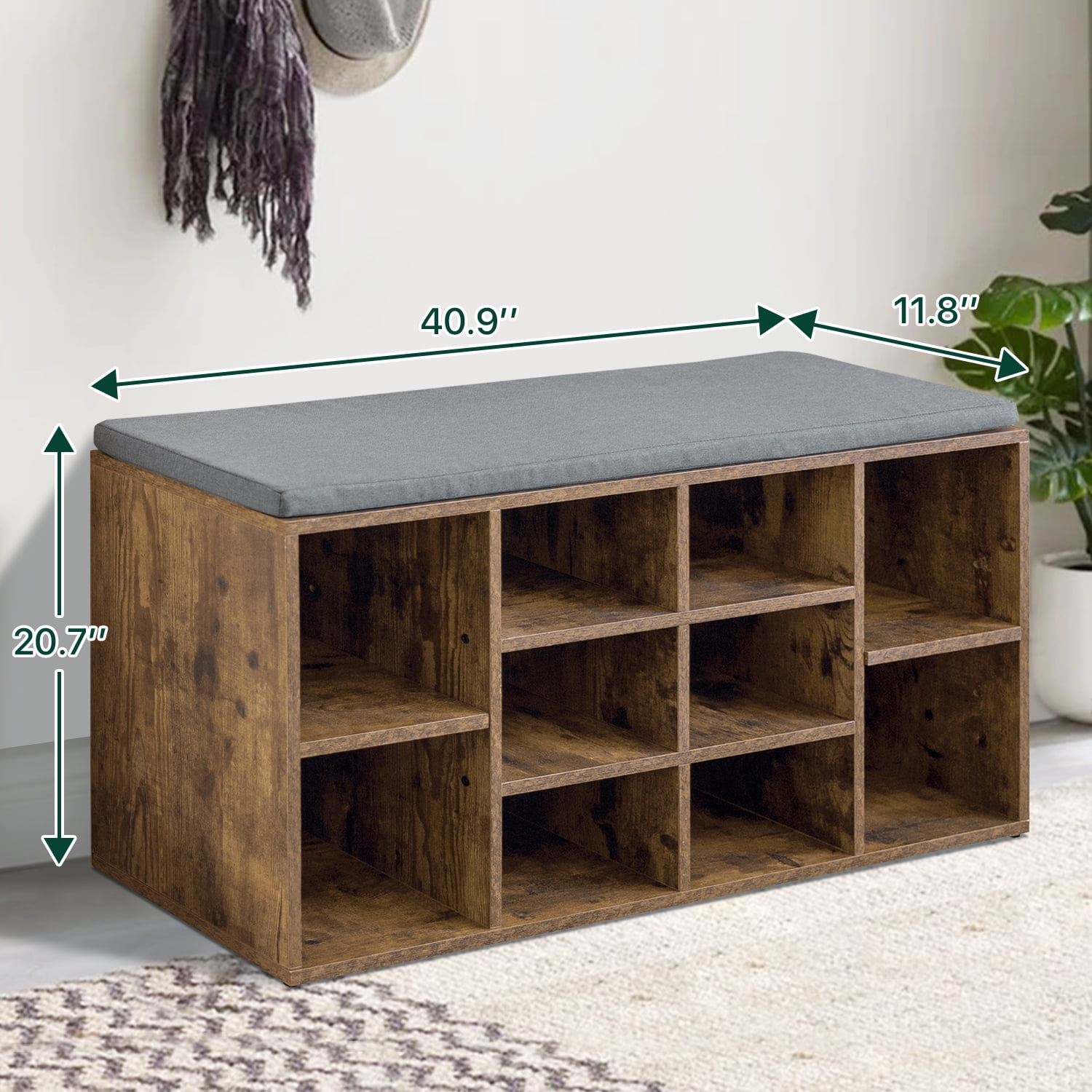 Dkelincs Shoe Bench Entryway Bench with Shoe Storage Shoe Rack Organizer 10 Compartments Storage Bench with 1.2 inch Cushion Adjustable Shelves for Entryway,Living Room, Bedroom (Brown)