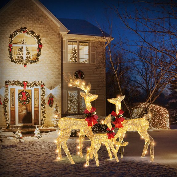 iCapeson 3-Piece Lighted Christmas Deer Family Outdoor Decor, Golden LED Reindeer Yard Decoration with 270 Warm White Lights, Includes US Adapter & Stakes for Front Lawn