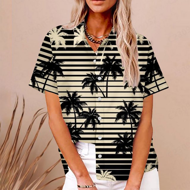 Fiudx Ofertas de La Semana Top de Mujer con Cuello Redondo y Estampado Hawaiano, Camisa Informal de Manga Corta, Top/Camisa de Manga Corta con Cuello Redondo