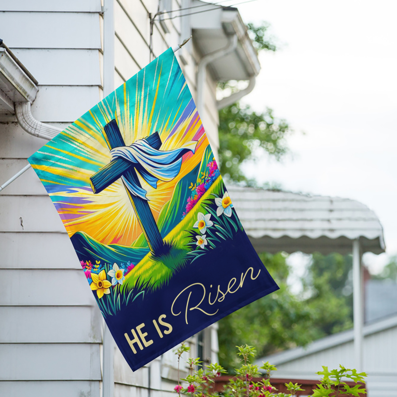 America Forever He is Risen Easter House Flag 28 x 40 inch Double Sided Religious Cross Daffodil Flowers Small Spring Holiday Seasonal Easter Day Flags for Outdoor Yard Lawn Decoration