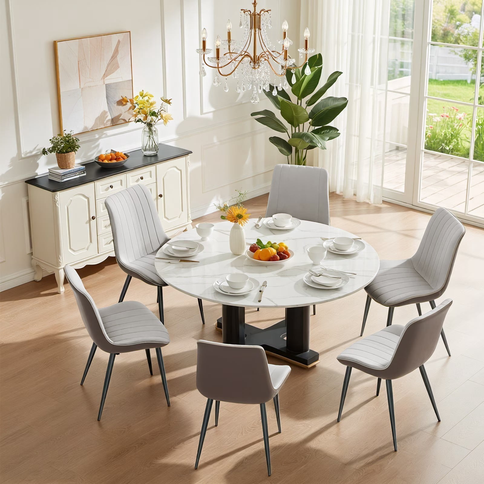 PU Leather Dining Chairs Set of 2, Light Grey & Dark Grey Wave Pattern Upholstered Kitchen Chairs with Metal Legs, Modern Armless Side Chairs for Dining Room, Restaurant, Living Room