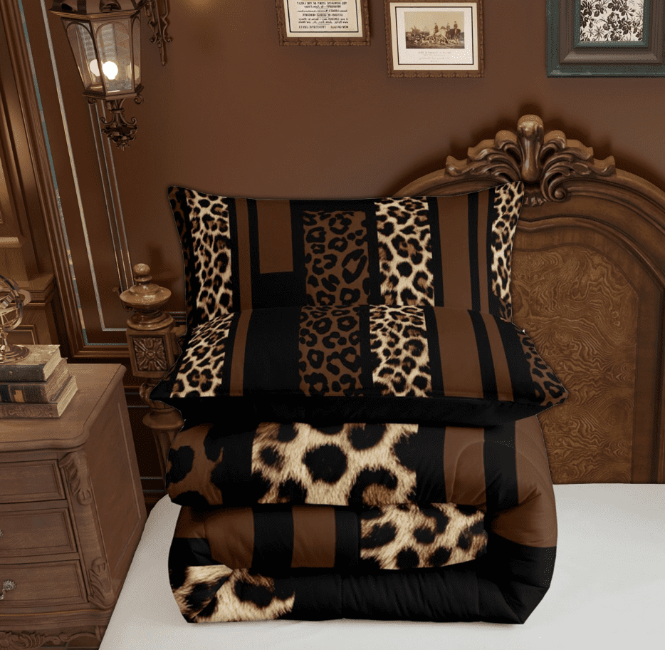 Feelyou Leopard Cheetah Print Queen Comforter Set, Modern Fashion Brown Bedding Sets, Teens Adult Women Men Reversible Bedding Comforter Set, Microfiber Bedroom Decor, 3pcs