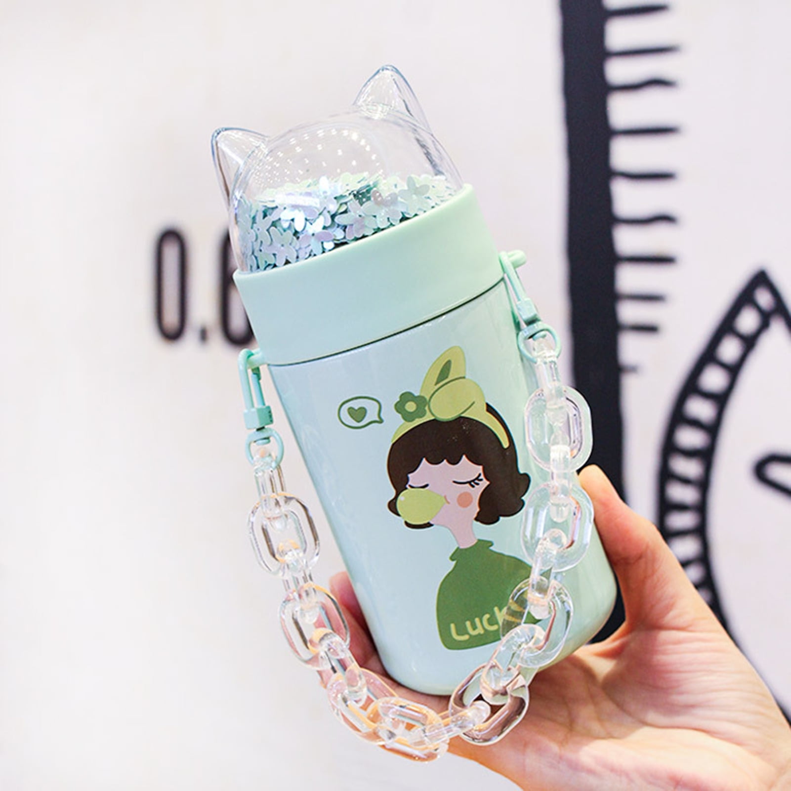 Girl Water Bottle for School Kid Sparkling Glitter Stainless Steel Thermos  with Sequins Lid Cystal Strap Cup Birthday Gift (girl green, 280 ml)