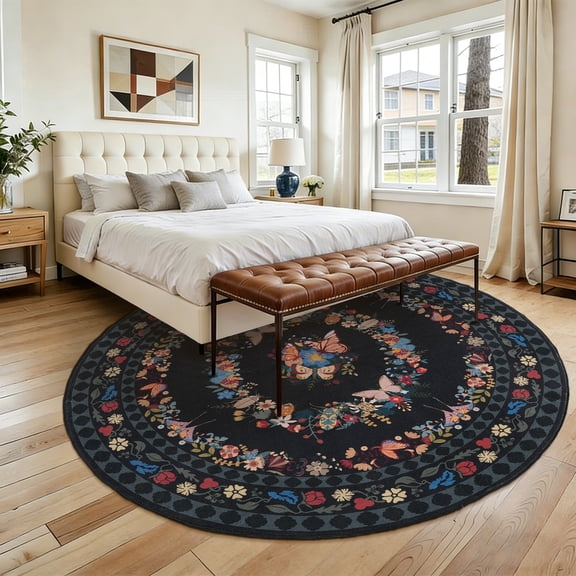 Tuzlier Area Rug 47in Round Washable Black Boho Floral Animal Print Carpet Non-Slip Area Rugs for Bedroom Bathroom Entryway Kids Room