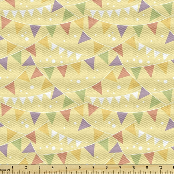 Birthday Party Fabric by the Yard, Celebration Theme Pattern with Irregular Dots and Colorful Flags, Decorative Upholstery Fabric for Chairs & Home Accents, 1 Yard, Pale Yellow Multicolor by Ambesonne