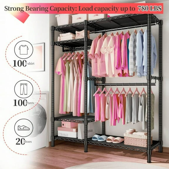 Heavy-Duty Freestanding Garment Rack, 4-Tier Metal Closet Organizer With 3 Hanging Rods & 6 Storage Shelves, Sturdy Steel Clothing Rack For Hanging Clothes, Bedroom & Laundry Room, Max Load 800 LBS