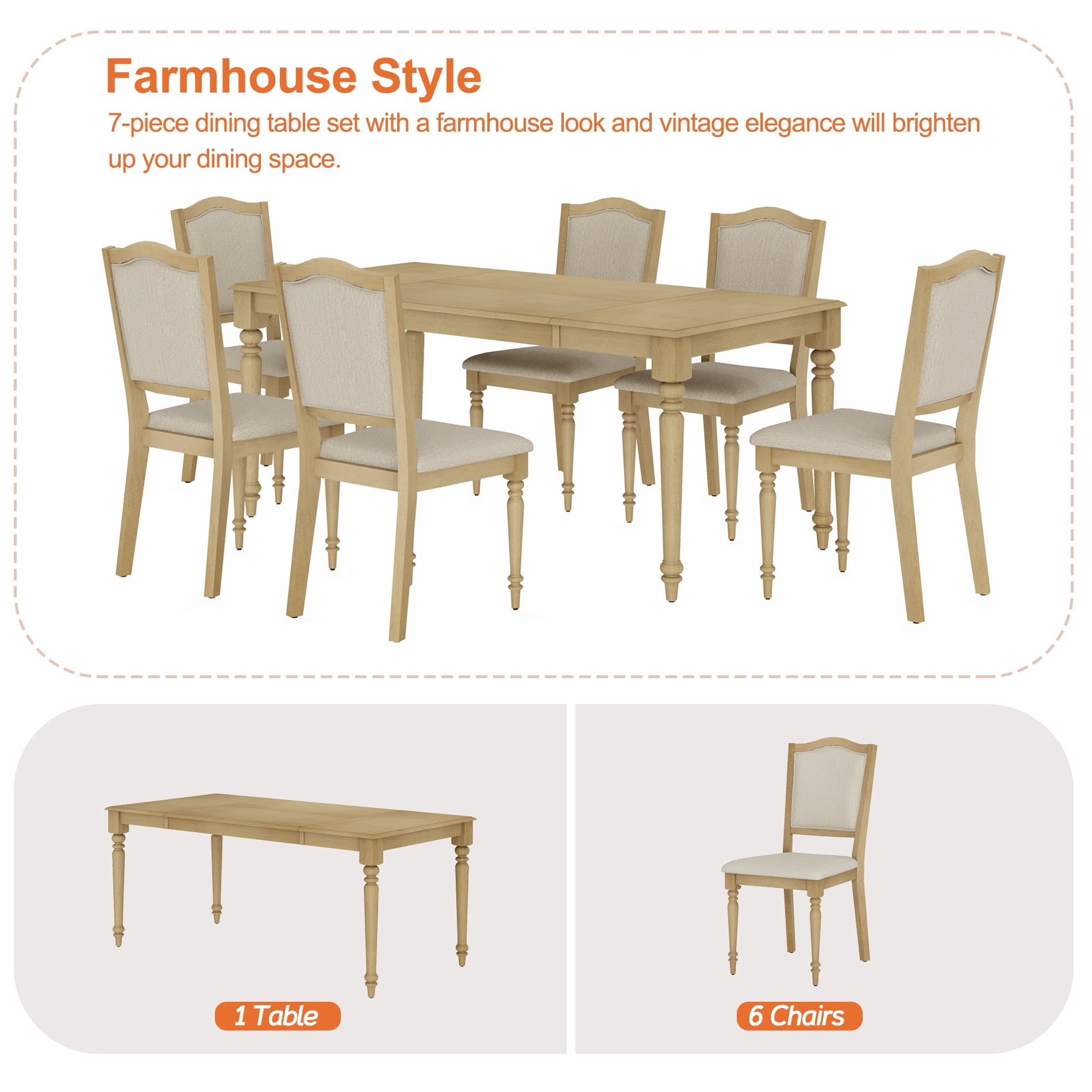 7 Piece Dining Table Set for 6-8 People - Includes One Dining Table, 6 Wood Dining Chairs, Rustic Dining Set for Kitchen, Oak