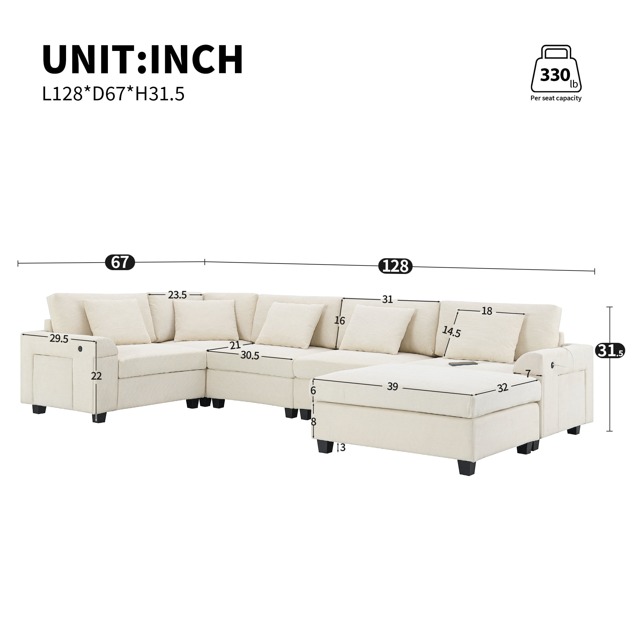 Sectional Sofa, U-Shape Sofa, Chenille Couch, 6-Seater Couch with Oversized Ottoman and Armrest Storage for Living Room, Off White