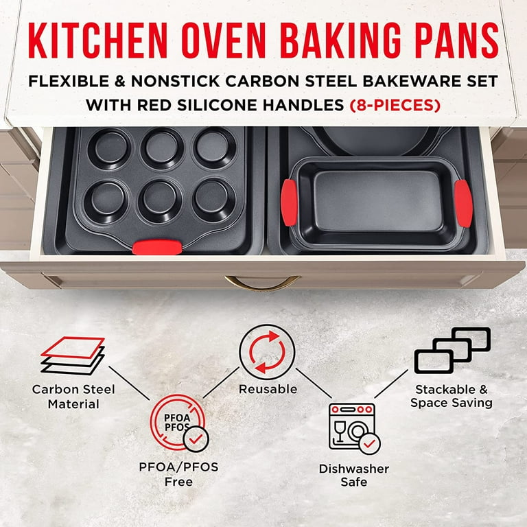 Baking Set – 8 Piece Kitchen Oven Bakeware Set – Deluxe Non-Stick Black  Coating Inside and Outside – Carbon Steel – Red Silicone Handles – PFOA  PFOS