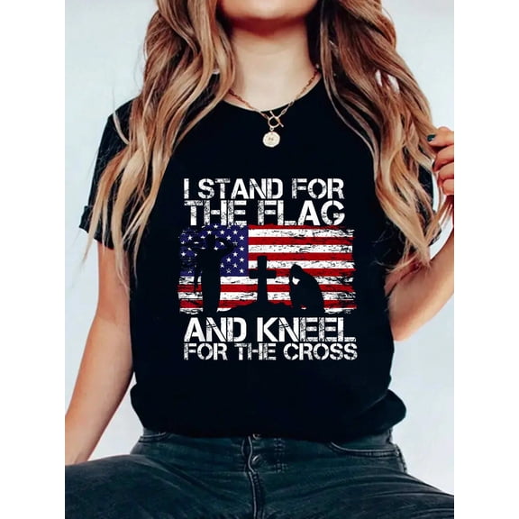 Patriotic American Flag T-Shirt I Stand For The Flag And Kneel For The Cross Religious Christian Tee Men Women Short Sleeve Black Graphic Top
