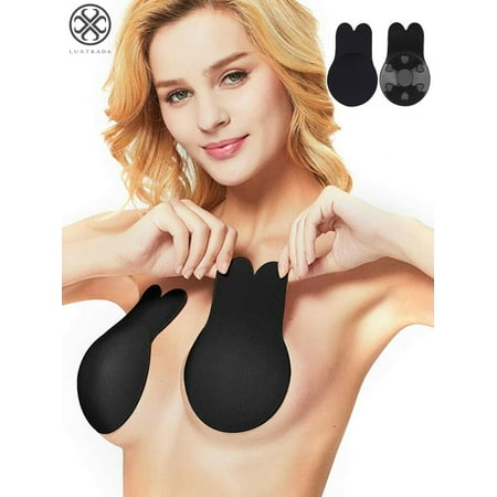 Luxtrada Women Adhesive Lift Invisible Bra Backless Nipplecovers Push Up Bra Strapless Sticky Rabbit Ear  Black  C-D Cup