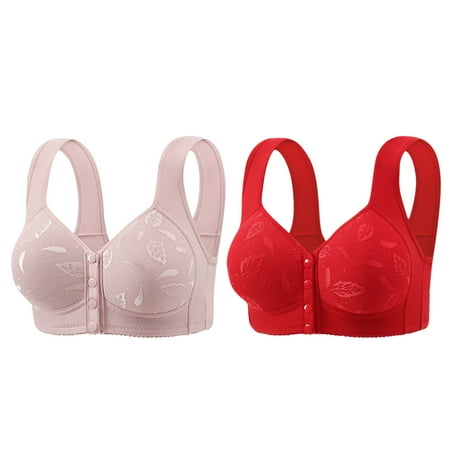 REORIAFEE Underwire Bras for Women 2 Pack Front Closure Gathered Together Wireless Bras Solid Brassiere Comfy Wide Strap Breathable Corset Underwear Comfortable Classic Support Lingerie Pink XXL