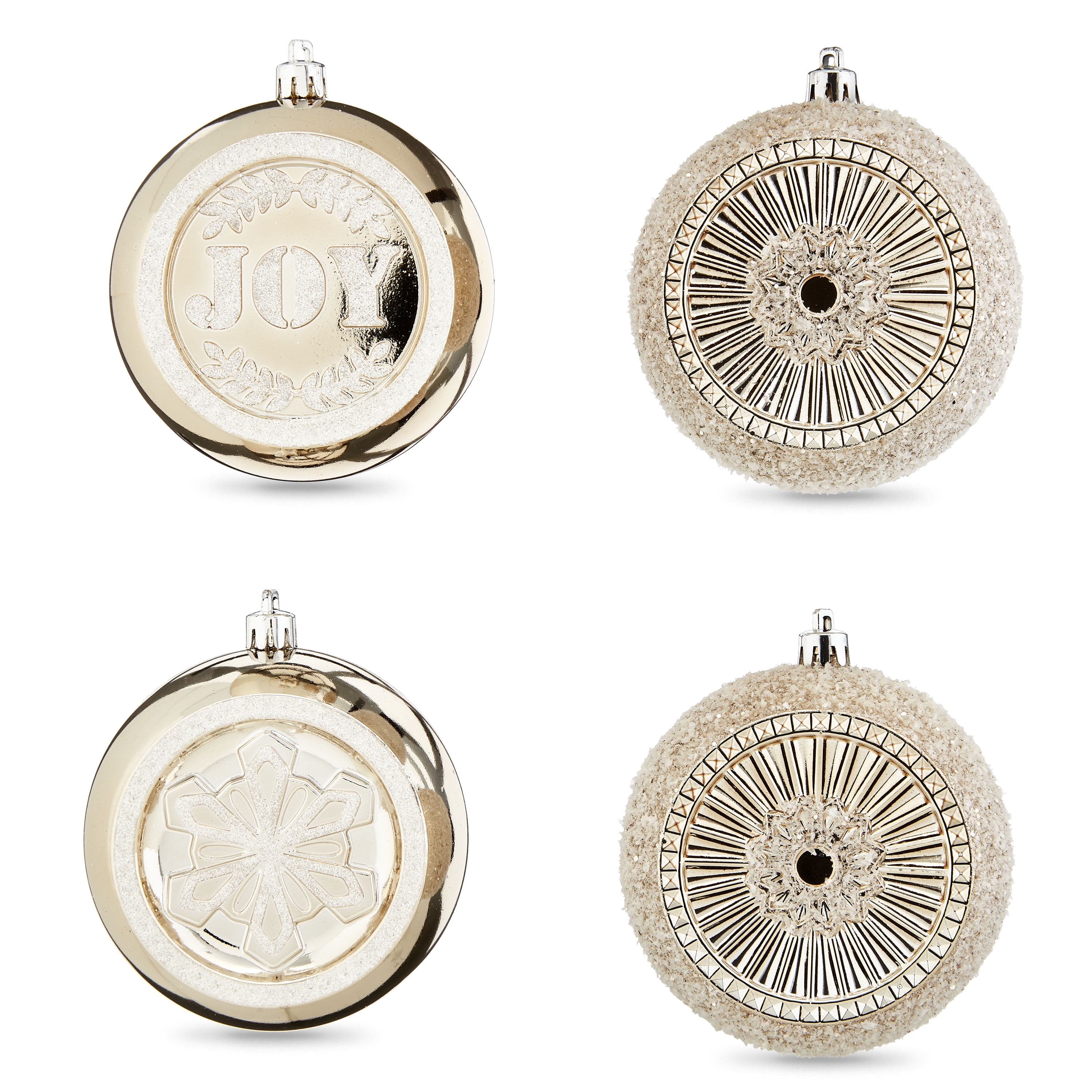 Holiday Time 100 mm Glittery Christmas Shatterproof Ornaments, Champagne Gold, & White 4 Count