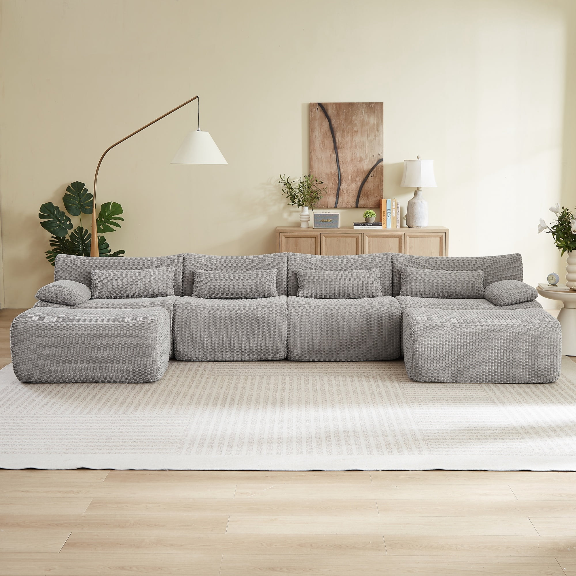 Modern U-Shaped No Assembly Floor 4-Seater Sectional Sofa, Cloud-Like Boneless Upholstered Couch with 2 Ottomans, Living Room Modular Sofa Set