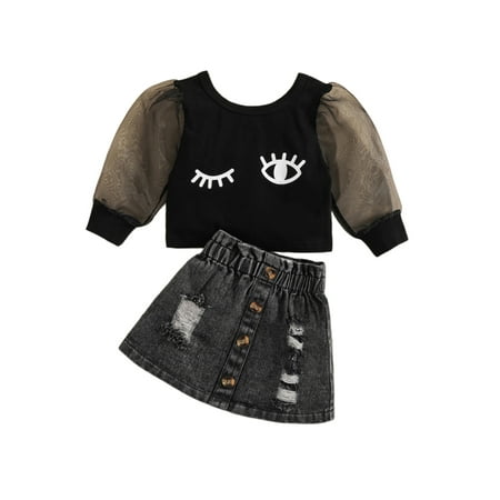 

Toddler Baby Girls 2PCS Outfit Long Mesh Puff Sleeve Tops Shirt and Ripped Short Denim Skirt Set